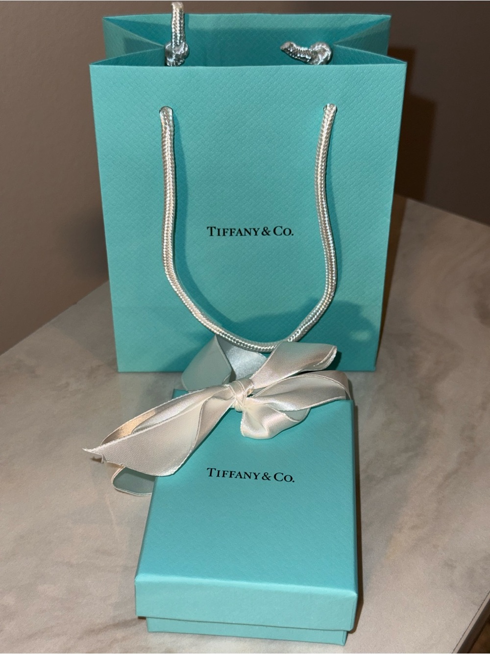 Tiffany & Co. Robin's Egg Blue Gift Box with White Ribbon and Bag